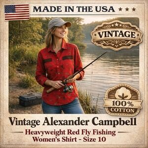 VTG Alexander Campbell USA Heavyweight Red Fly Fishing Women's Shirt Woven Sz 10